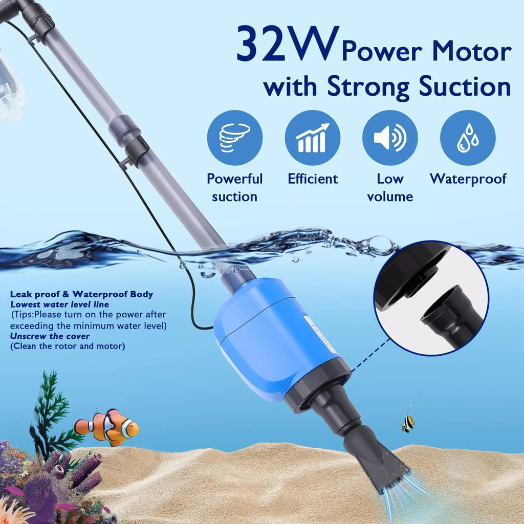 Electric Fish Tank Cleaner Vacuum Aquarium Gravel Cleaner, Automatic Water Changer Kit with 4-Layer Filter, Telescopic Pole for Sand Washing,