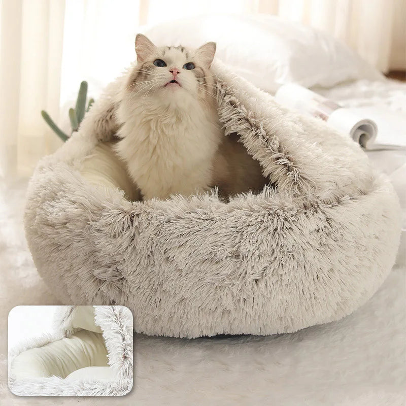 Plush Bed Warm Soft Bed for Cats Small Dogs Round Nest House With Lid