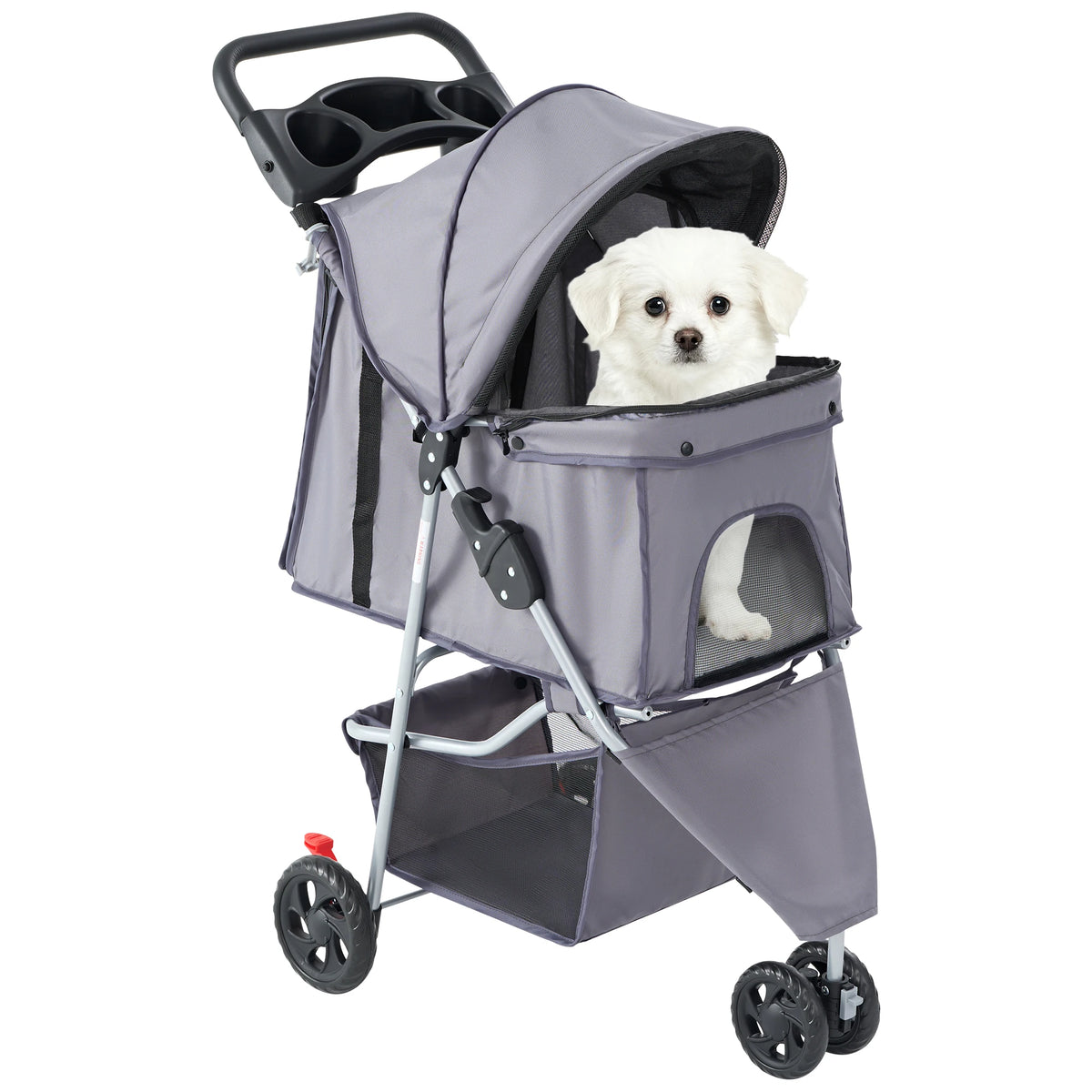 3 Wheels Foldable Pet Stroller for Small Dogs and Cats with Mesh Windows Storage Basket Cup Holder for Outdoor Use