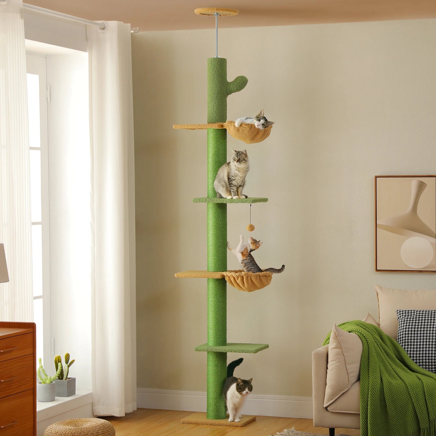 Cactus Cat Tree Floor to Ceiling Cat Tower with Sisal Scratching Post, Comfortable Hammock for Multi-Cat Homes