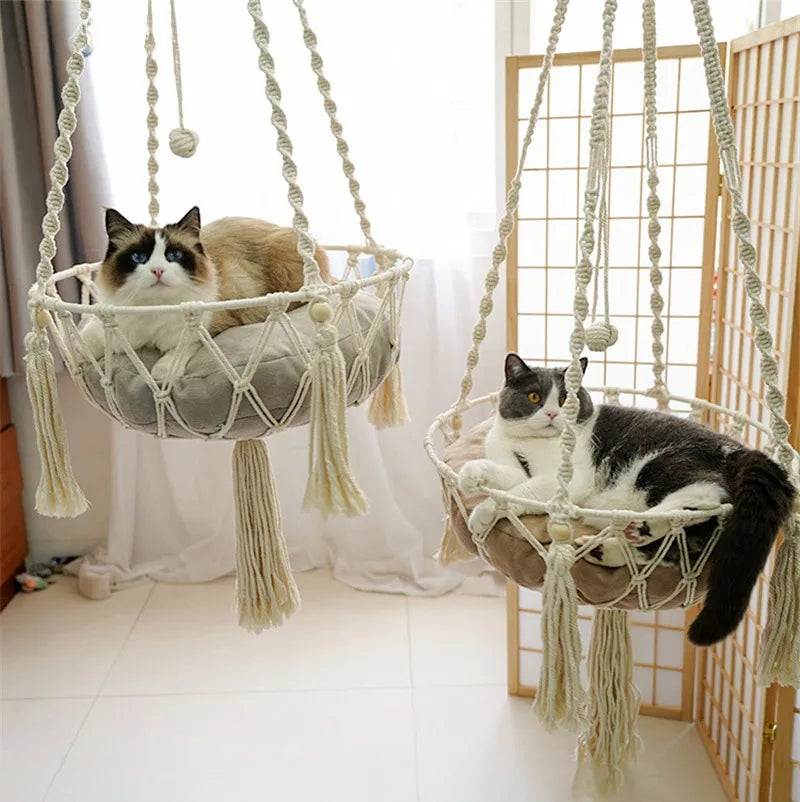 Pet Hammock Cat Swing Hand Woven Cotton Rope Hanging Basket