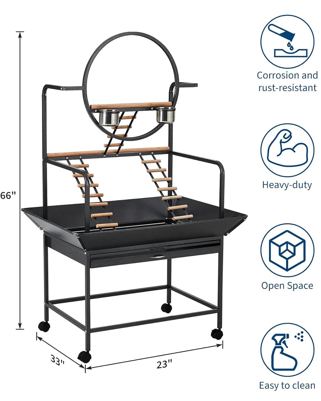Extra Tall 66'' Bird Play Stand Heavy-Duty Metal Activity Center With Lockable Wheels Removable Tray & Toy Hooks