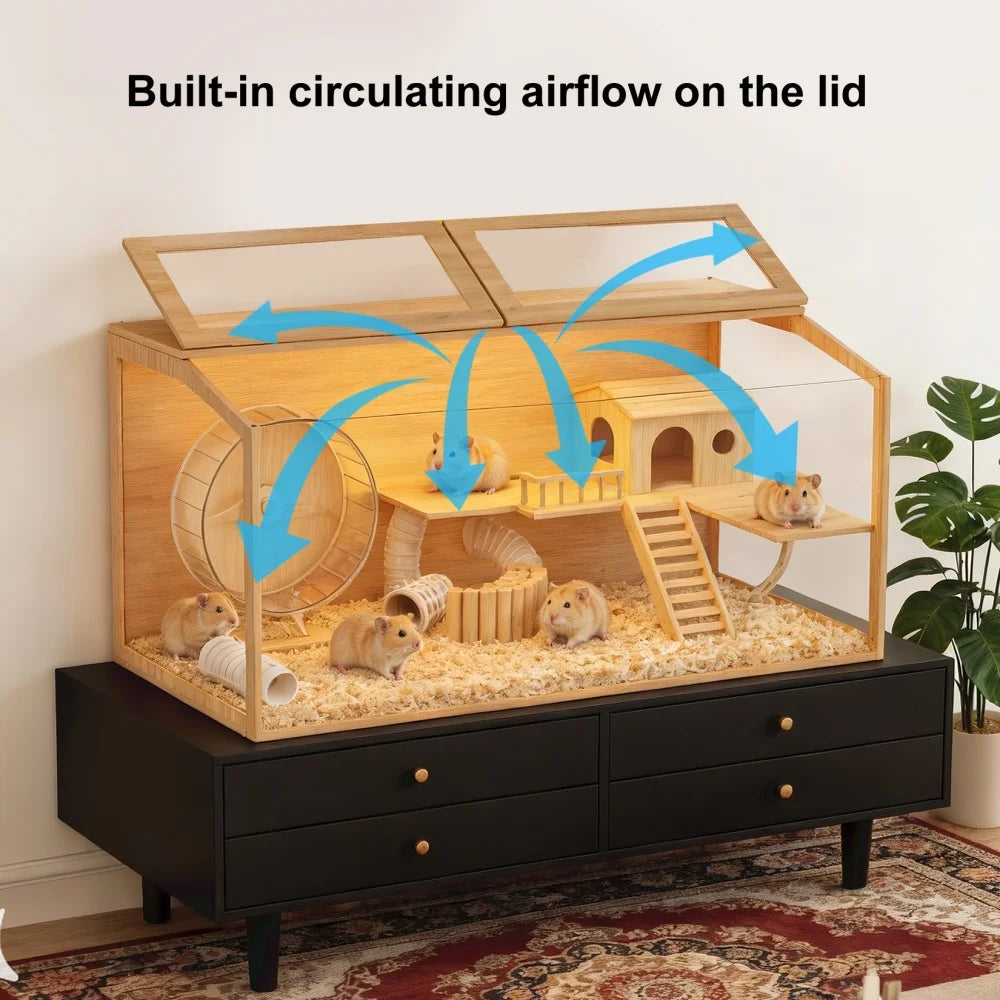 Large Wooden Hamster Cage Clear Tempered Glass Small Animal Habitat Cage Playful House Built-in LED Light with Openable Roof