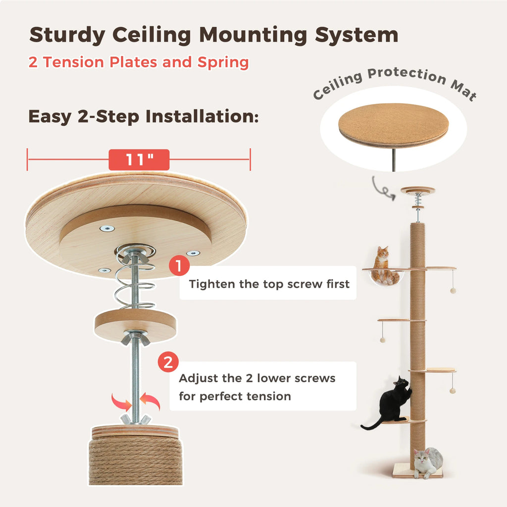 Floor to Ceiling Cat Tree for Indoor Cats Adjustable Height Wooden with Thick Scratching Posts Acrylic Cave
