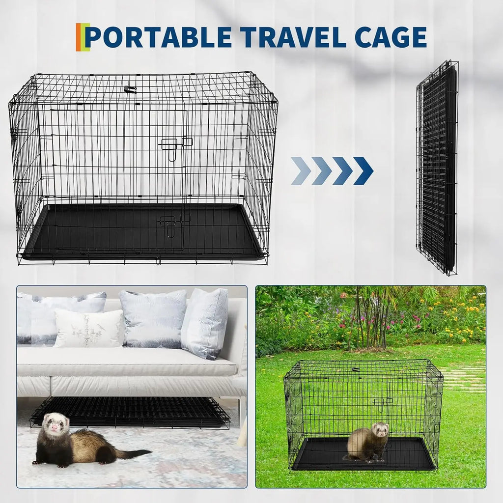24/48 Inch Cage Portable Folding Small Crate Carriers with Slide Out Tray & 2 Doors for Small Animals