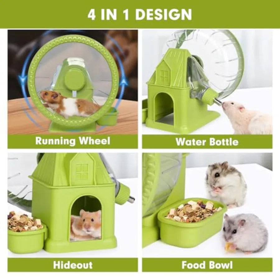 4 in 1 Quiet Hamster Exercise Wheel, Multi Functional Hamster House with Running Wheel, Water Bottle, Food Bowl and Hideout
