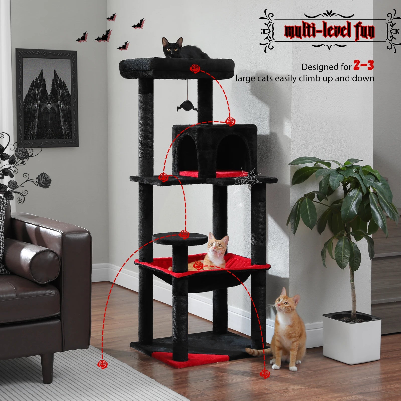 Cat Tree for Indoor Cats 5-Level for Large Cats with Large Hammock Sisal Covered Scratching Posts Cozy Condo Top Perch