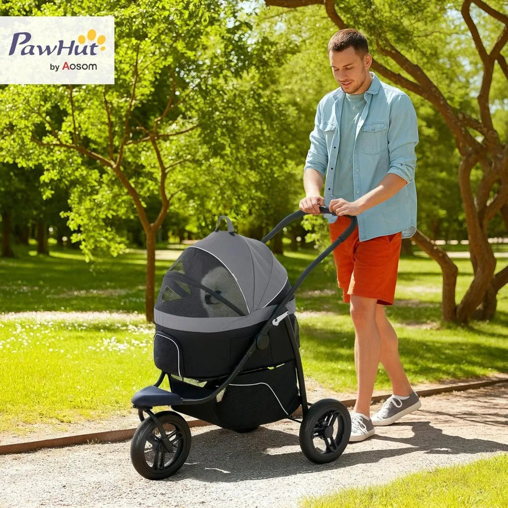 Dog Stroller for Small Dogs and Cats, 3 in 1 Folding Stroller Jogger with Detachable Carrier, Storage Basket