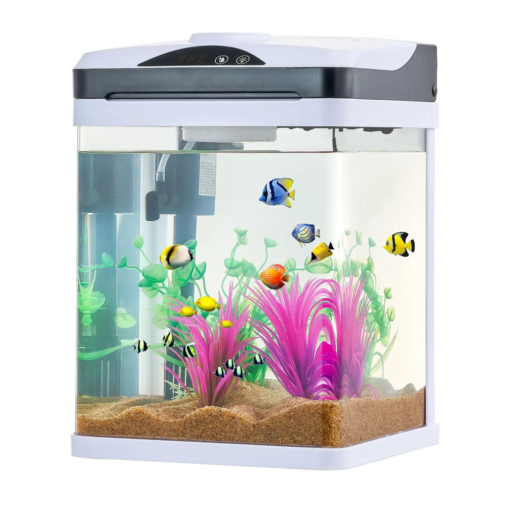 Fish Tank Aquarium, 2 Gallon LED Square Ultra-Clear Glass Tank Temperature Monitoring Adjustable 7 Color Lighting, Self Cleaning System Fishbowl for Freshwater & Saltwater Fish Home,Office