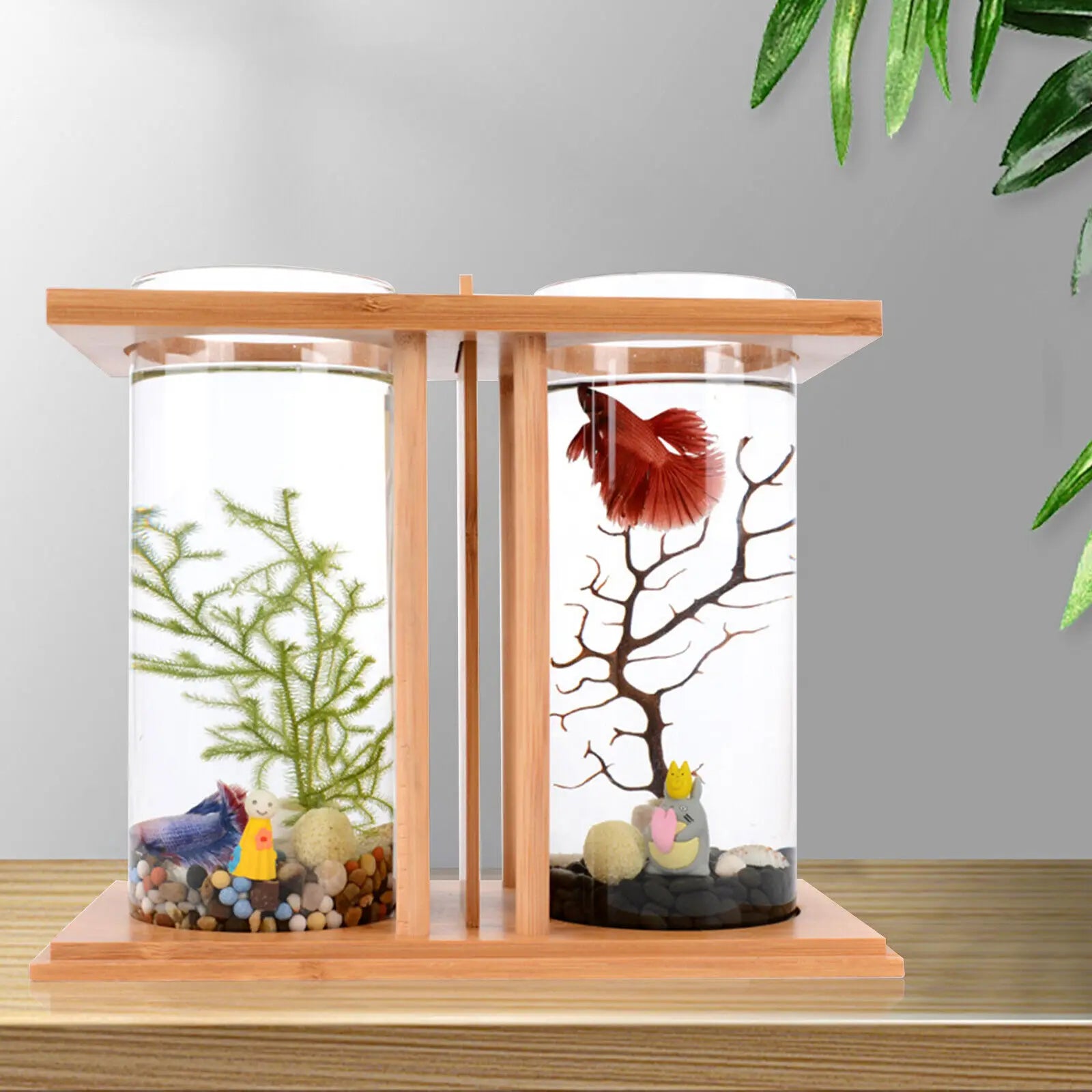 2 Tanks Glass Betta Fish Tank with LED Light Bamboo Base Mini Aquarium Set
