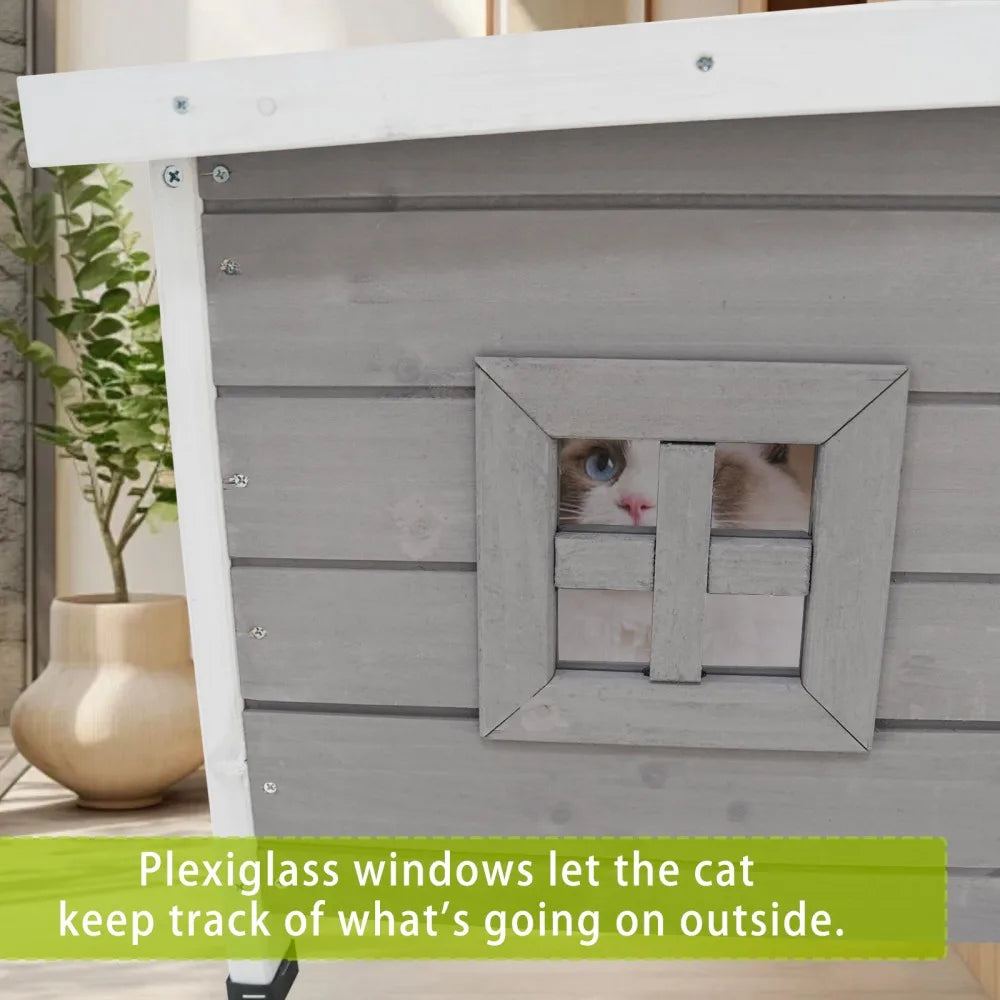 Cat House Waterproof Feral Kitty Shelter Outdoor Indoor Rabbit Hutch for Bunnies,Cats,Dogs and Other Small Animals,Asphalt Roof