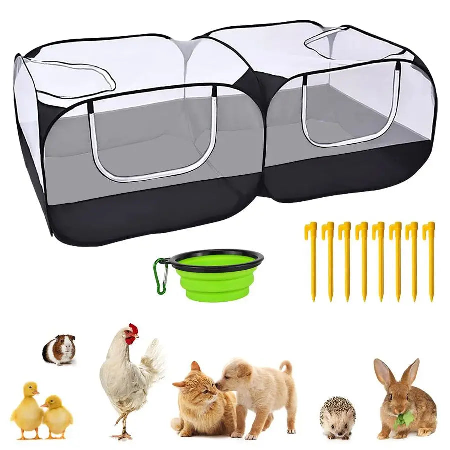 Animal Pet Playpen with Feeder Bowl and Storage Bag, Portable Breathable Indoor Outdoor