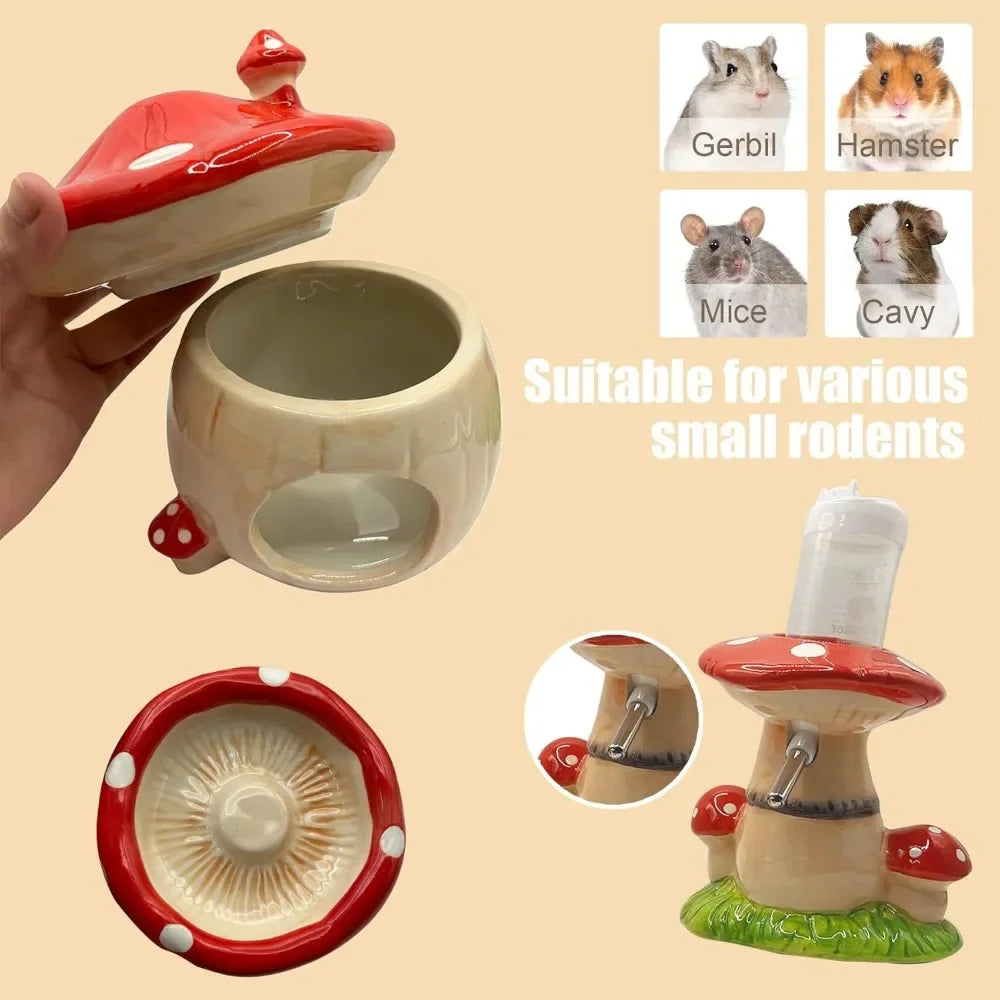 Mushroom Ceramic Hamster Hideout Water Bottle with Stand Food Bowl Sleep house