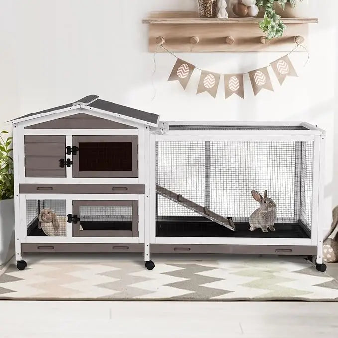 2-Story Indoor/Outdoor Rabbit Guinea Pigs Hutch Chew-Proof with 6 Locking Casters 2 Pull-Out Trays