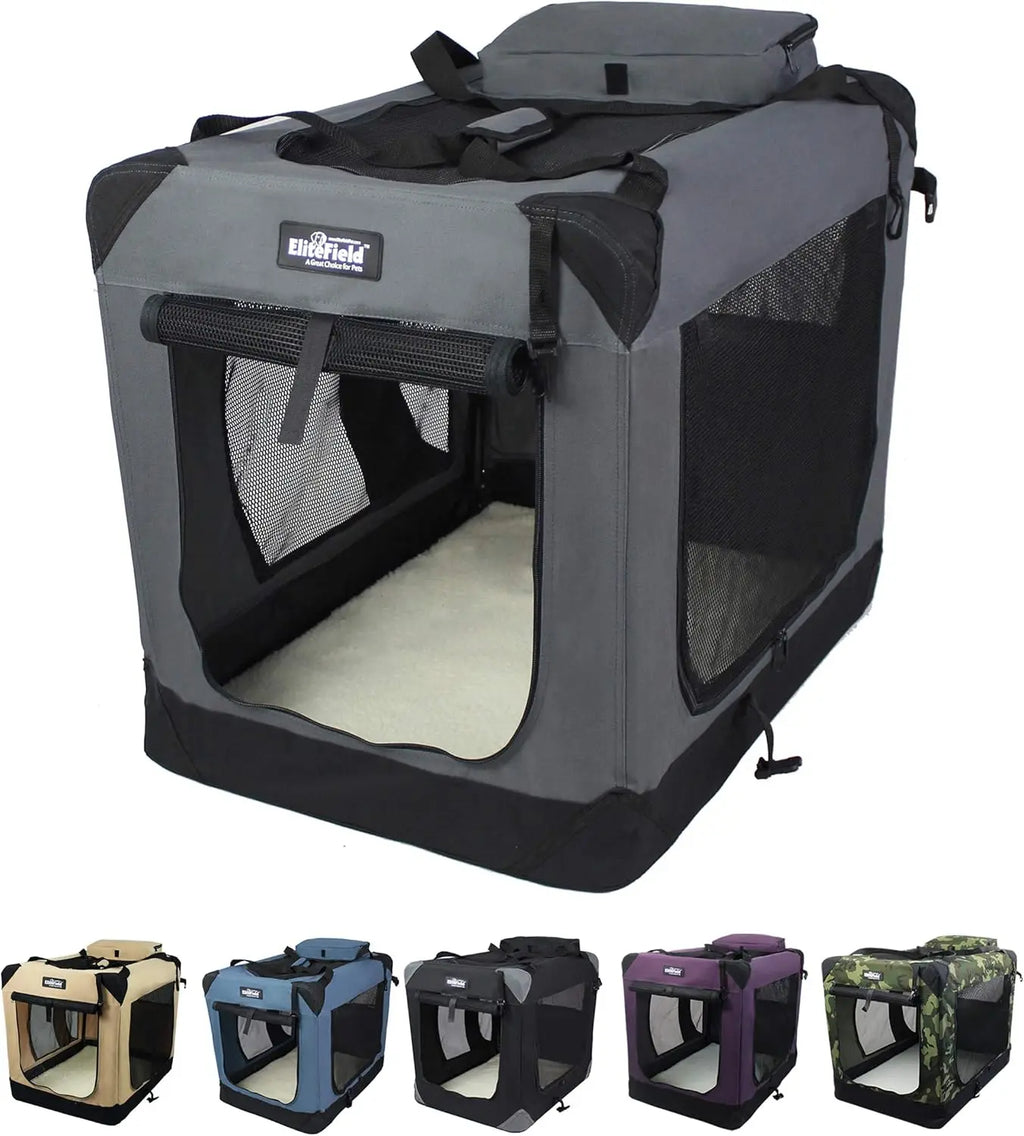 3-Door Folding Soft Dog Crate with Carrying Bag and Fleece Bed, Indoor & Outdoor (30" L x 21" W x 24" H, Gray)