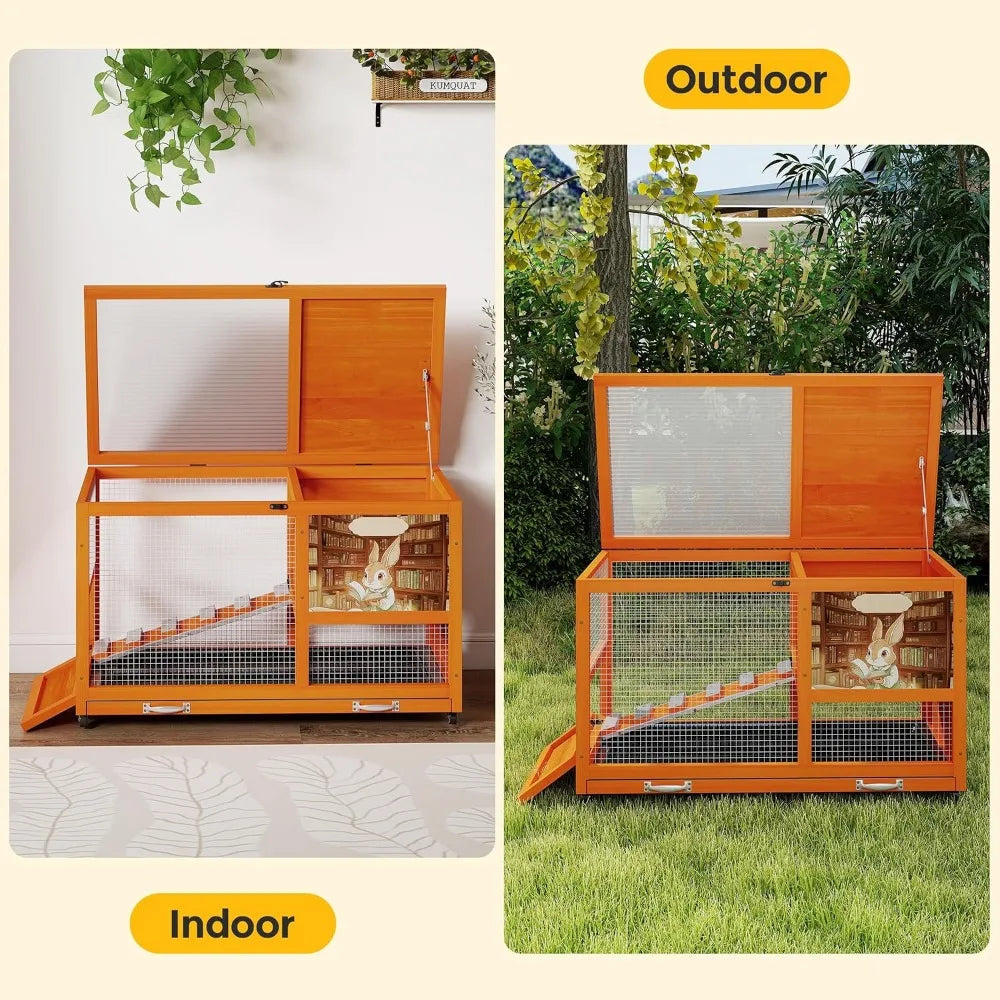 36.5-Inch Double-Decker Wooden Rabbit Small Animal Hutch with Wheels Indoor-Outdoor