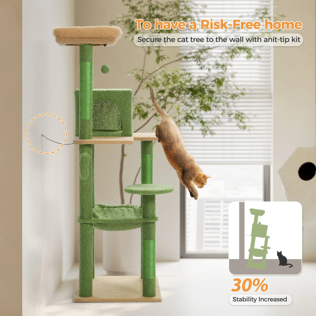 Cactus Cat Tree Tower for Large Cats with Metal Plush Big Hammock for Indoor with 2 Door Condo House with Large Top Perch