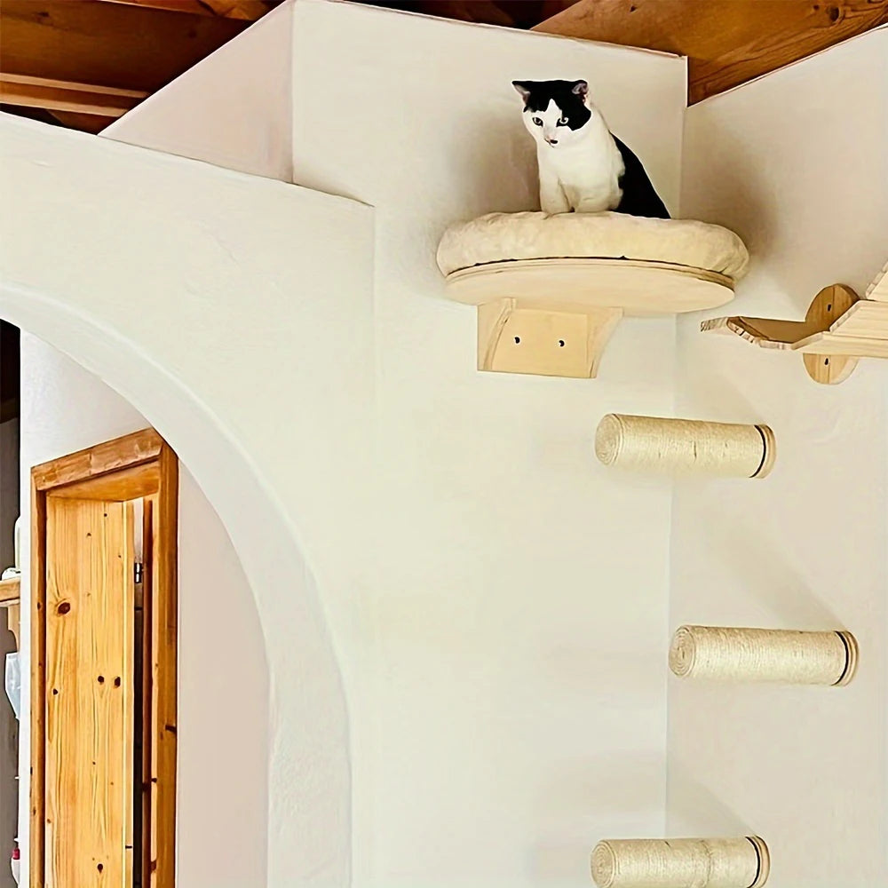 Indoor Cat Wall Mounted Solid Wooden Furniture Climbing Ladder Hammock with Scratching Post for Activity