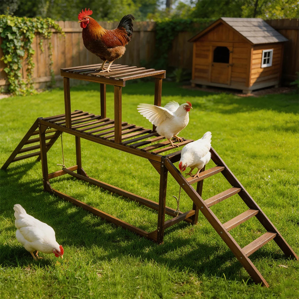 Pine Wood Chicken Perch Swing with Roosting Bars & Climbing Ladder, Activity Play Toy