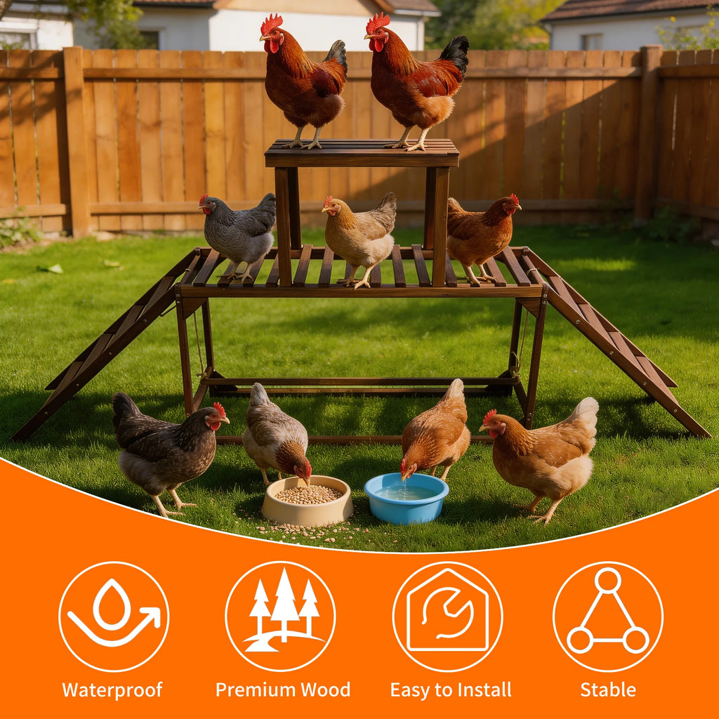 Solid Wood Chicken Perch Coop with Swing Ladder Platform Roosting Bar