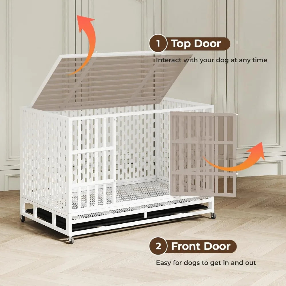 Rugged 48 Inch Steel Dog Crate for Indoor Use - Double Door, Wheeled, for High Anxiety Dogs