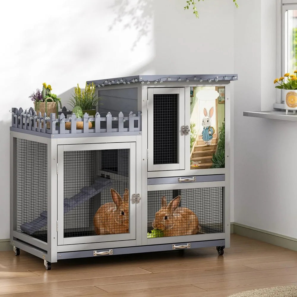 Compact Rabbit Hutch with Balcony - Portable Bunny Cage for Indoor or Outdoor Use, Includes Ramp and Pull-Out Tray