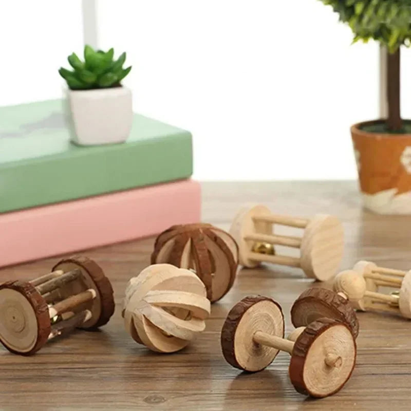 Cute Rabbit Roller Toys Natural Wooden Pine Dumbbell Unicycle Bell Chew Toys for Guinea Pigs Rat Small Pet