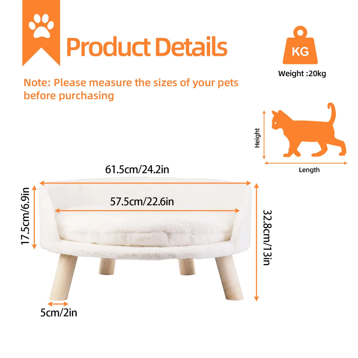 Pet Sofa Bed Raised Cat Chair Small Dog Couch Bed Removable Cushion