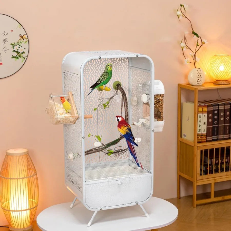 Large 30Inch Bird Cage with Play Top and Breeding Box Wrought Iron with Rolling Base for Small Pet Birds Indoors White