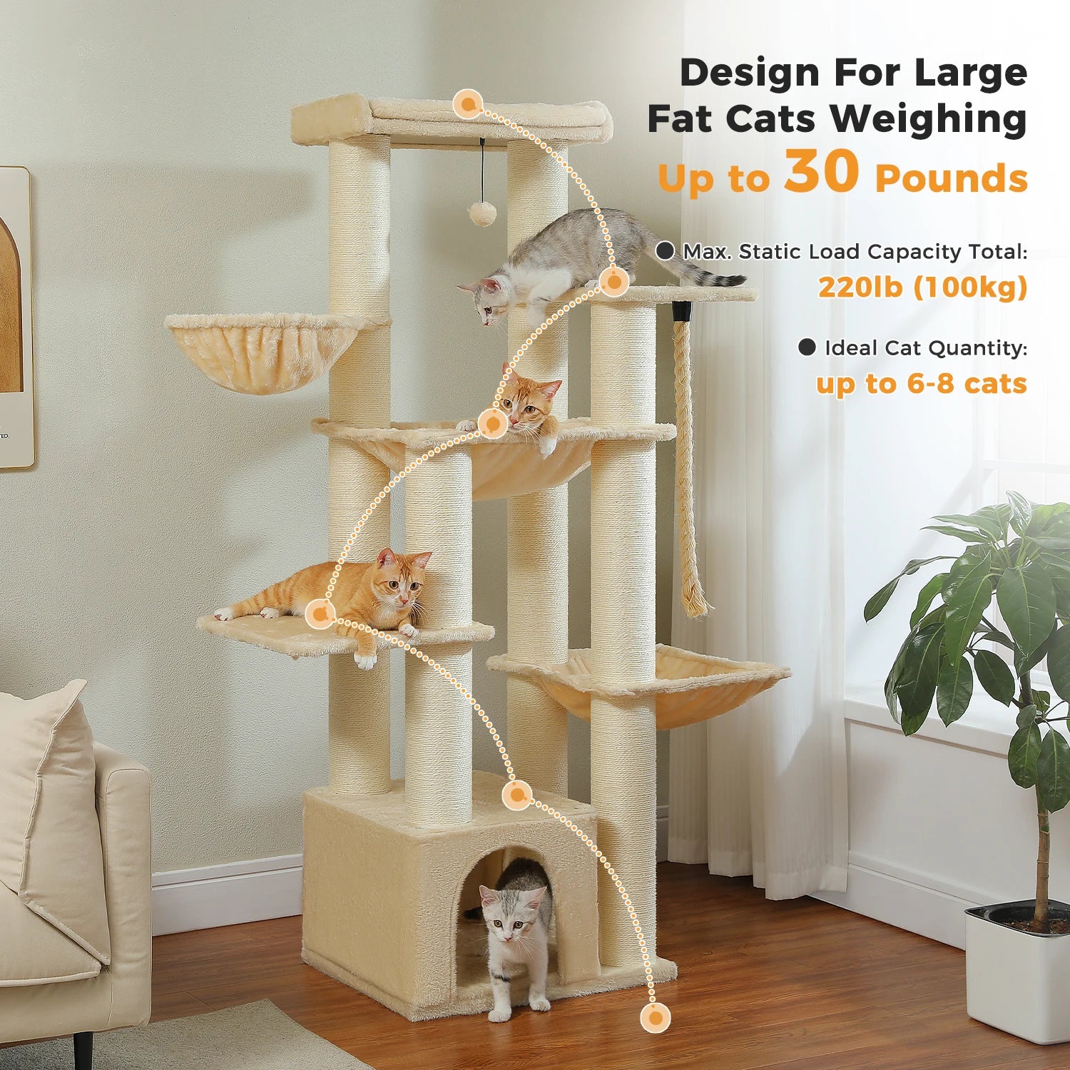 Large Cat Tree for Big Cats with Several Levels Climbing Tree with Hammock 11 Sisal Posts Large Perch
