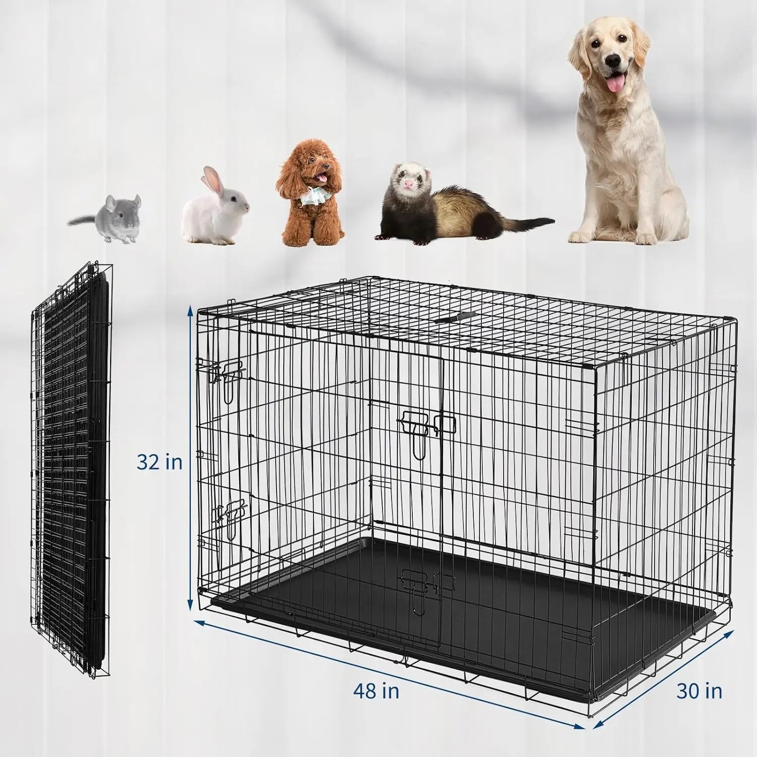 24/48 Inch Cage Portable Folding Small Crate Carriers with Slide Out Tray & 2 Doors for Small Animals