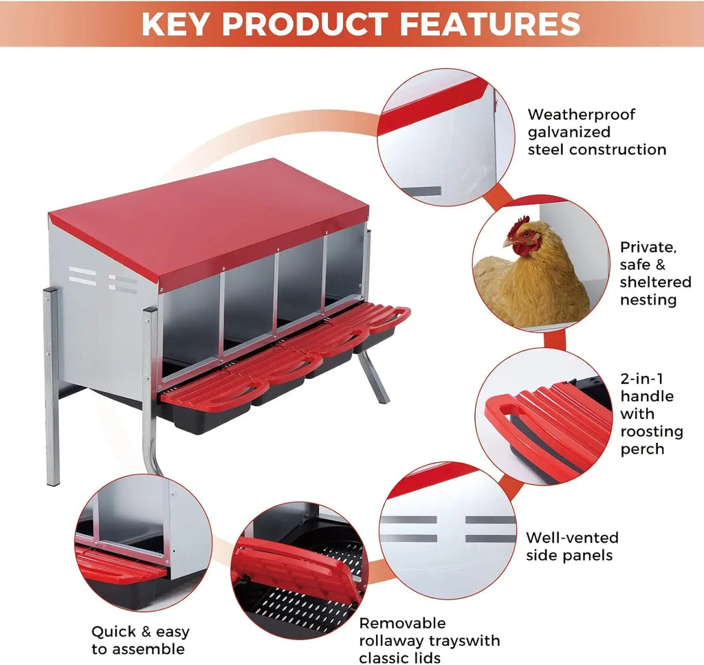 Multi-Compartment Metal Chicken Nesting Box Automatic Roll-Out Egg Collection Waterproof Steel