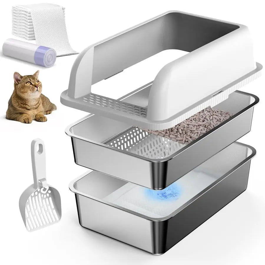 Enclosed Stainless Steel Litter Box with Lid, XL Sifting Litter Box for Pine Pellets, High Sides