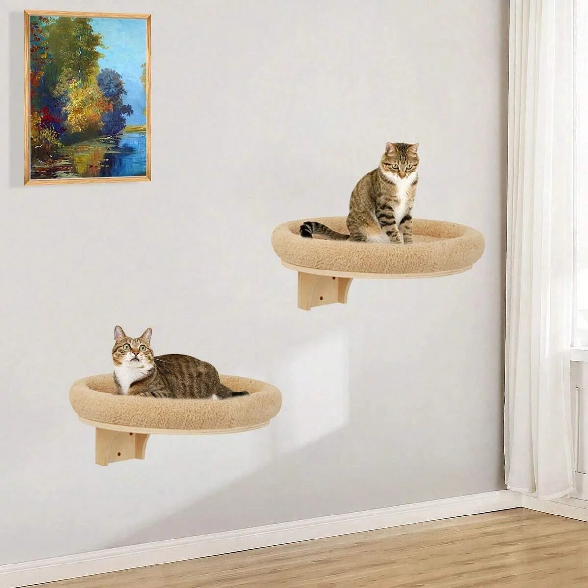 Indoor Cat Wall Mounted Solid Wooden Furniture Climbing Ladder Hammock with Scratching Post for Activity