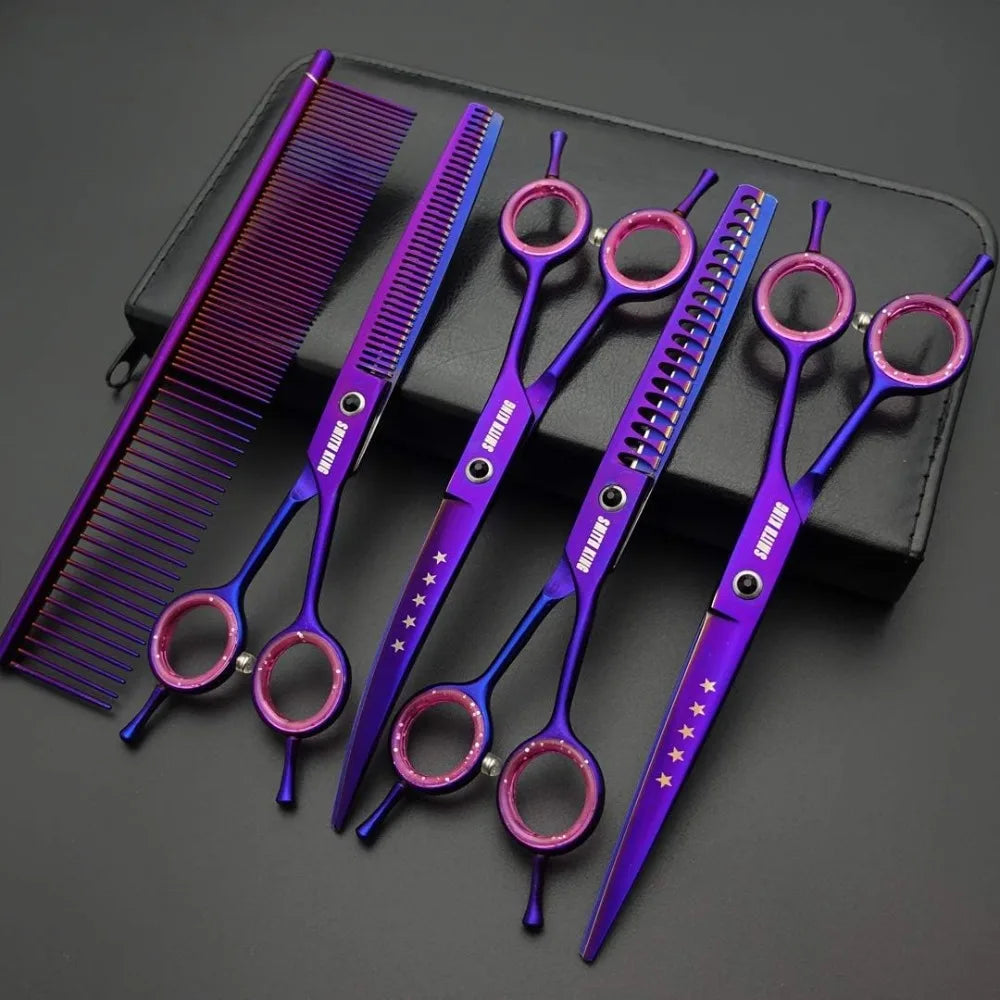 7" Professional Dog Grooming Scissors Set - 5pcs: Straight, Thinning, Curved, Chunkers & Comb, for Left & Right Hand