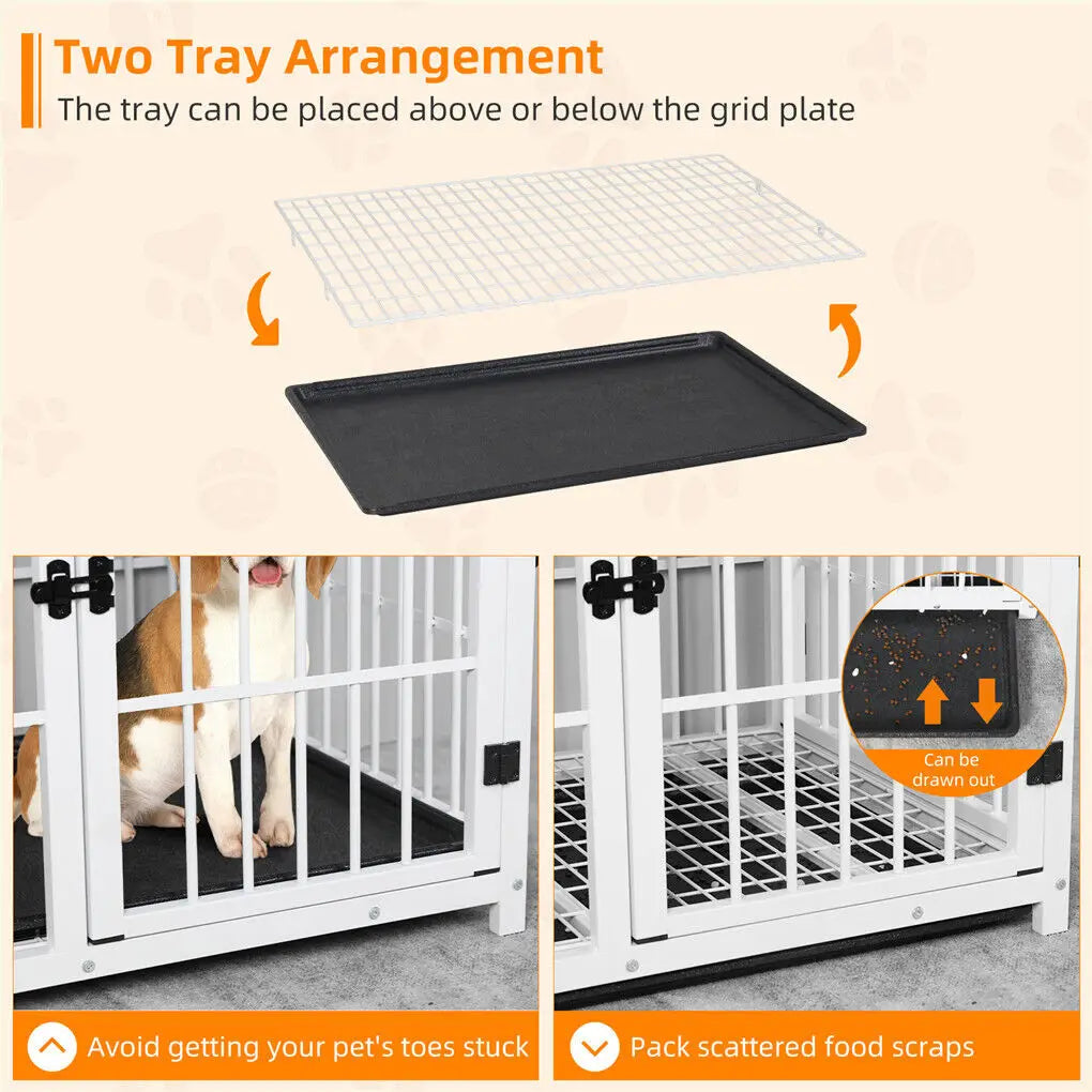 Heavy Duty Dog Kennel Metal Wooden End Table Furniture Style with Three Doors and Removable Tray