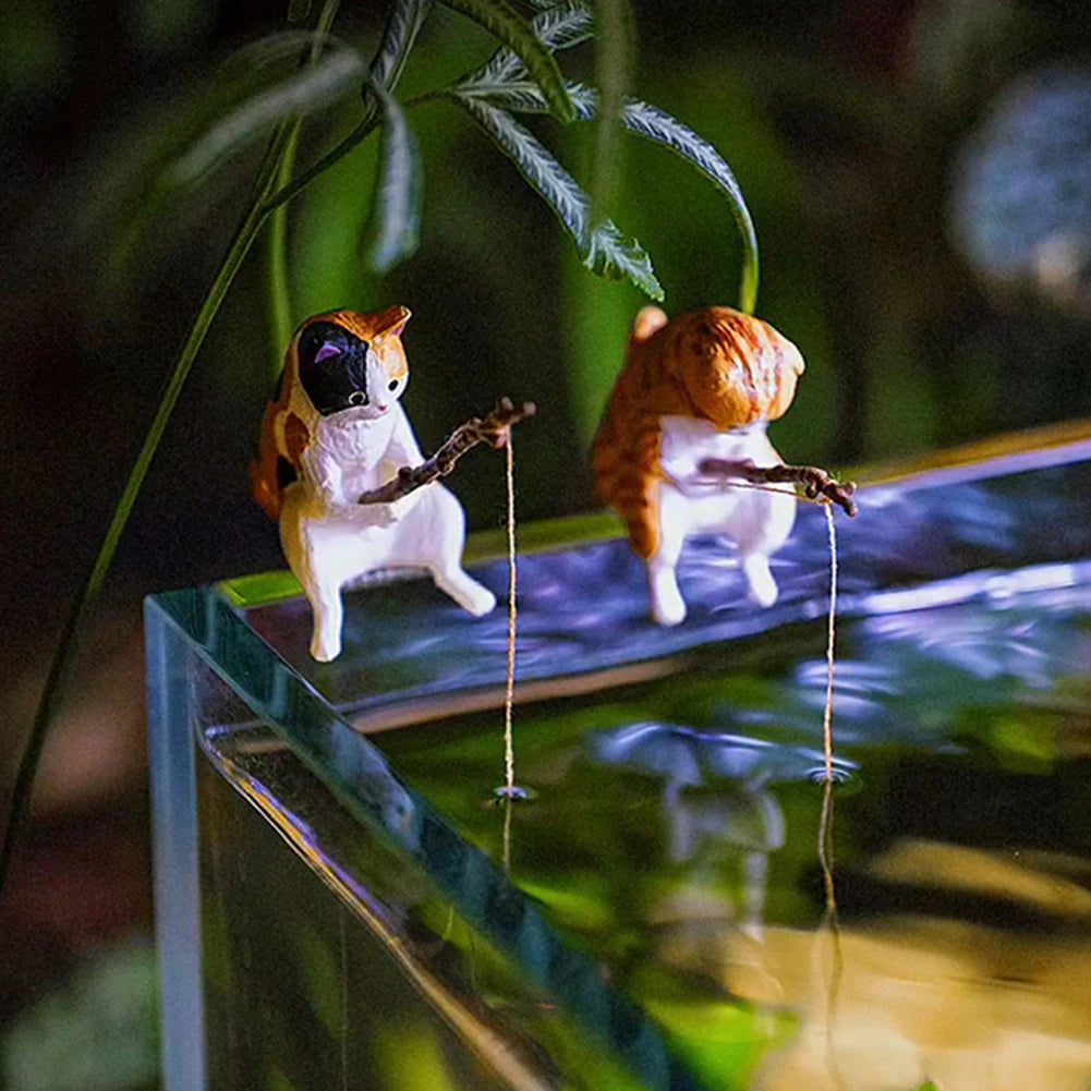 Kitten Fishing Ornament Fish Tank Landscape Decorations Cat Fishing Figurine Aquarium Tanks