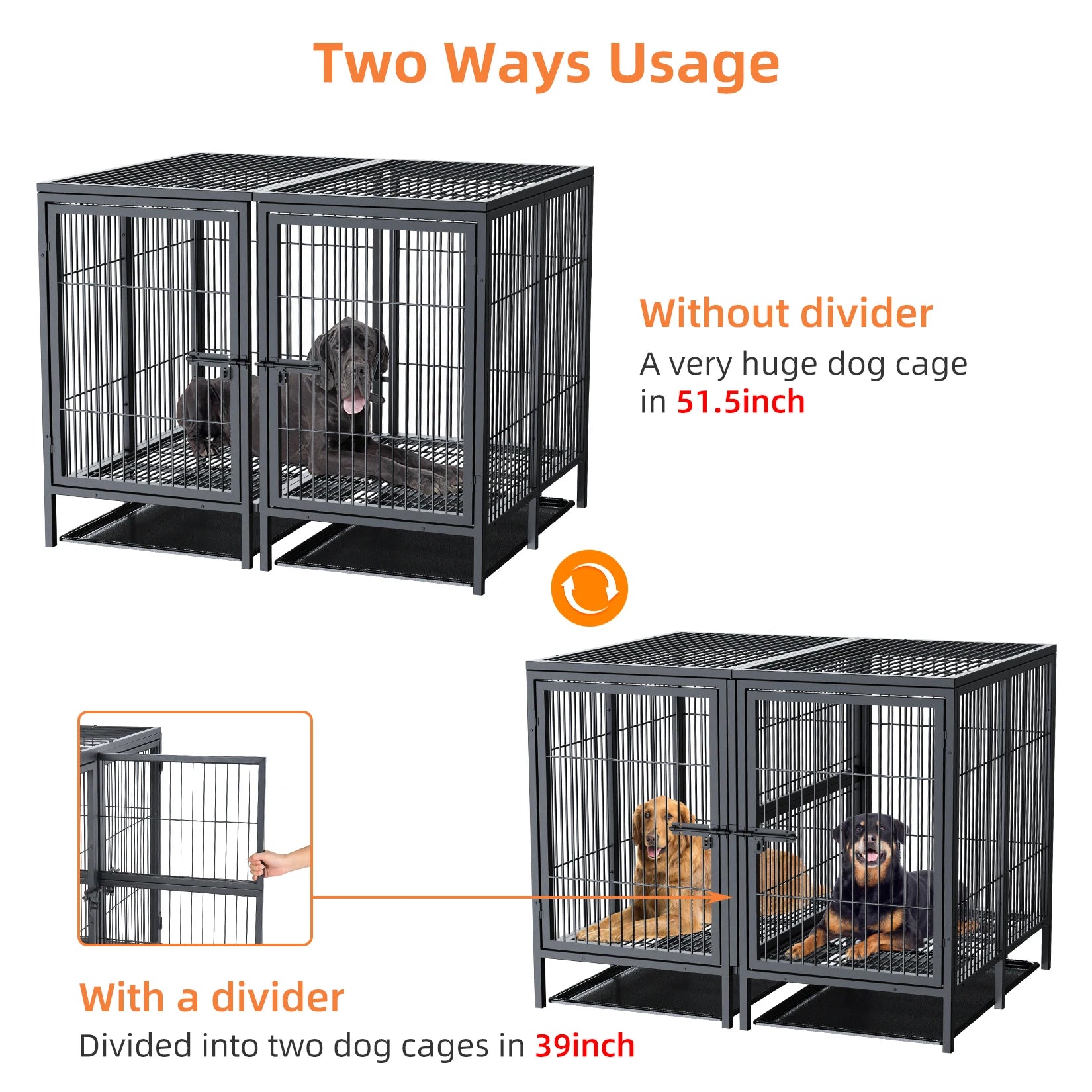 Heavy Duty Dog Crate: 52Inch Extra Large Pet Raised Metal Cage with Removable Divider