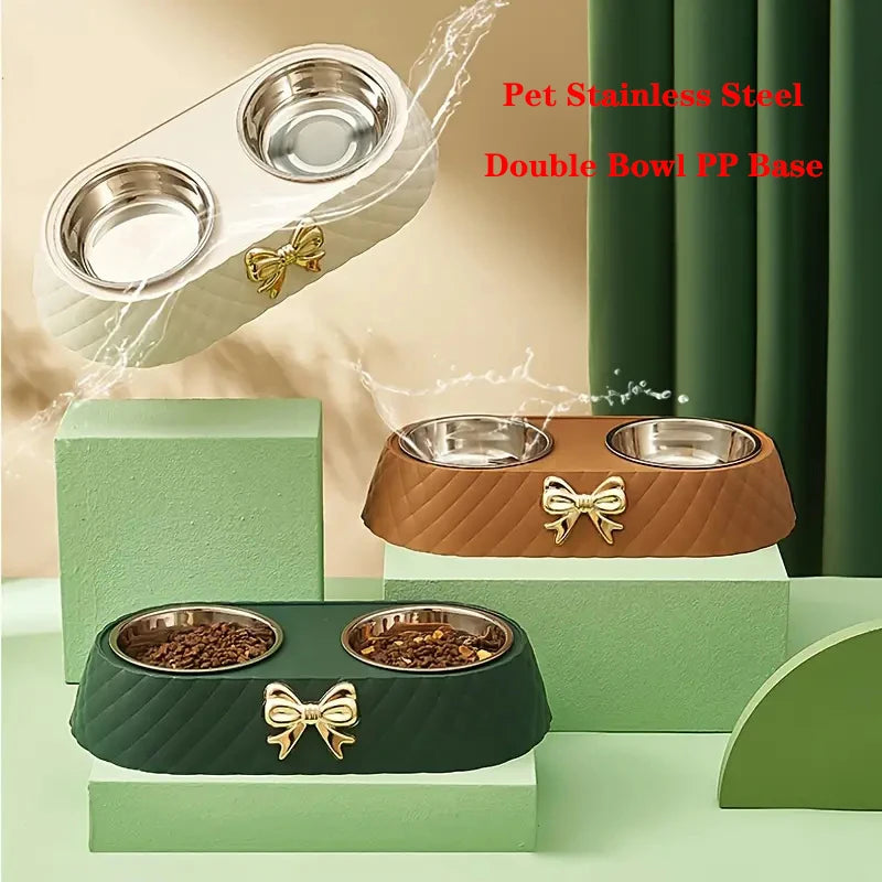 Pet Supplies Bow-tie Food Bowl Base Bowl Stainless Steel Double Feeding Drinking/Feed Double Bowl