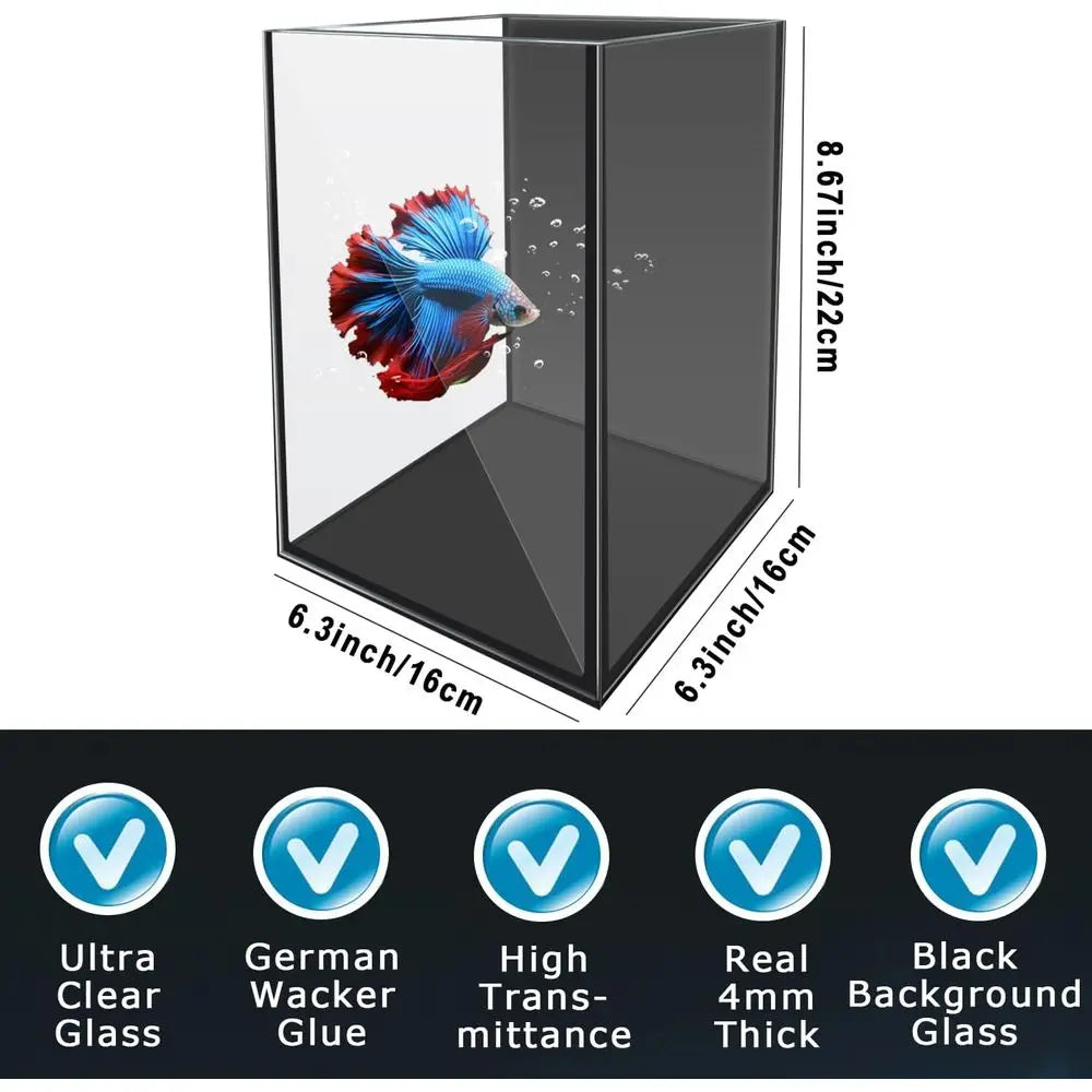 Glass Betta Aquarium Starter Kits 1.5 Gallon Small Fish Tank, with LED Light, Power Filter, Black. 4mm Glass