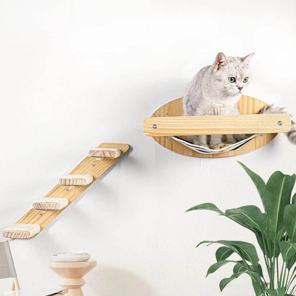 3Pcs Cat Hammock with Four Step Sisal Stairways or Scratching Posts Set Wall Mounted Wooden Climbing Shelf Perch