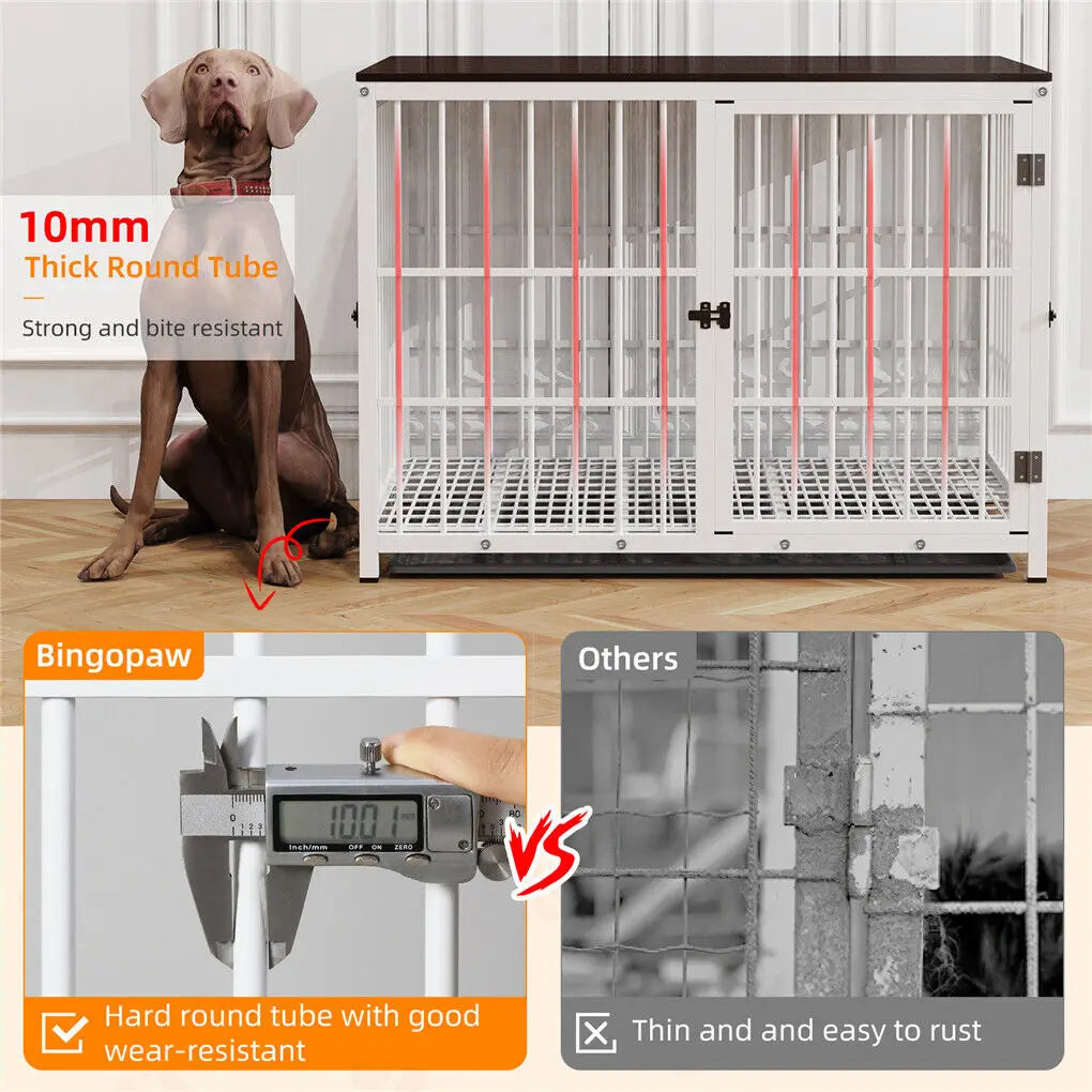 Heavy Duty Dog Kennel Metal Wooden End Table Furniture Style with Three Doors and Removable Tray