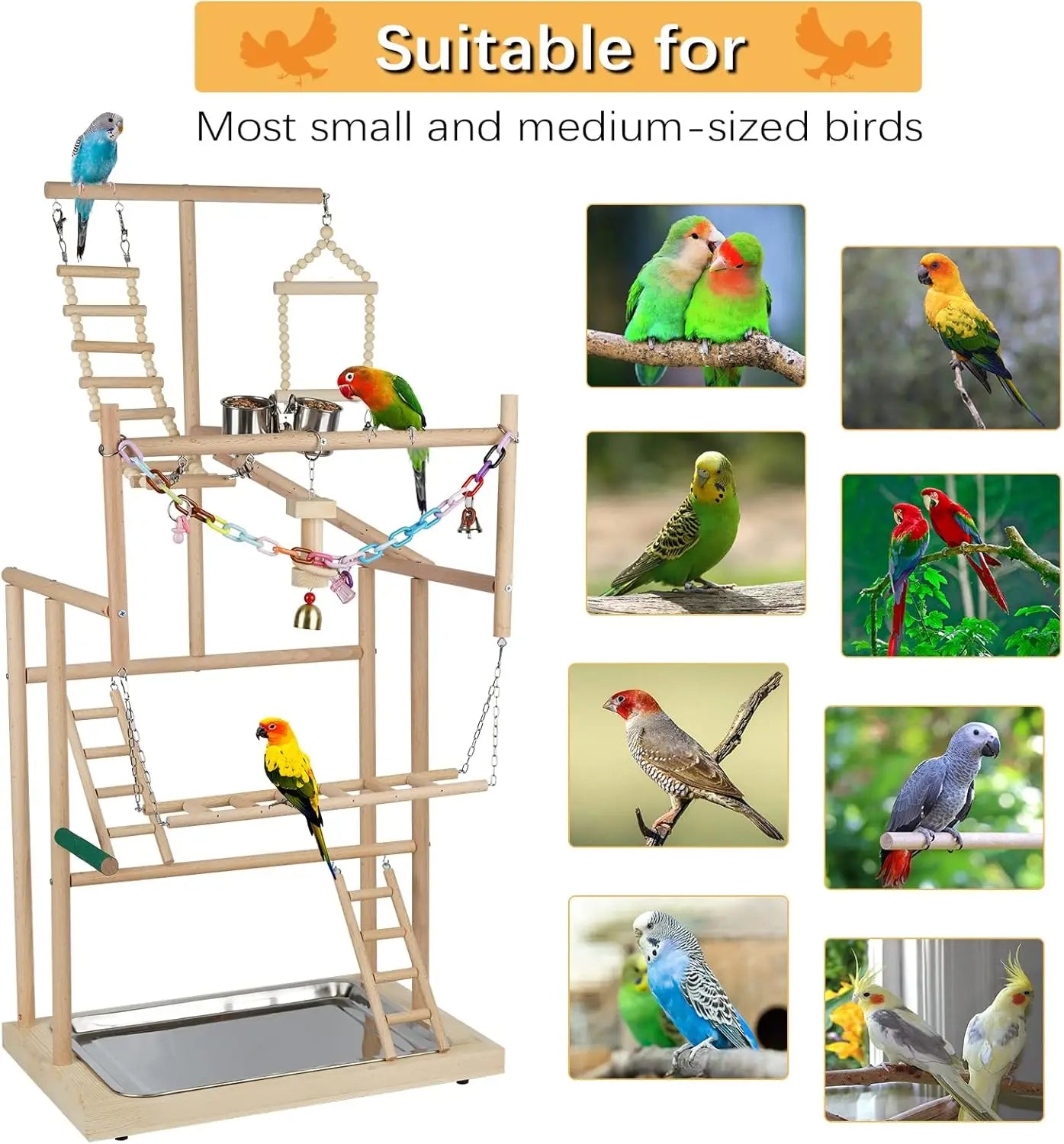 4-Layer Wooden Bird Playstand with Feeder Cups and Bells