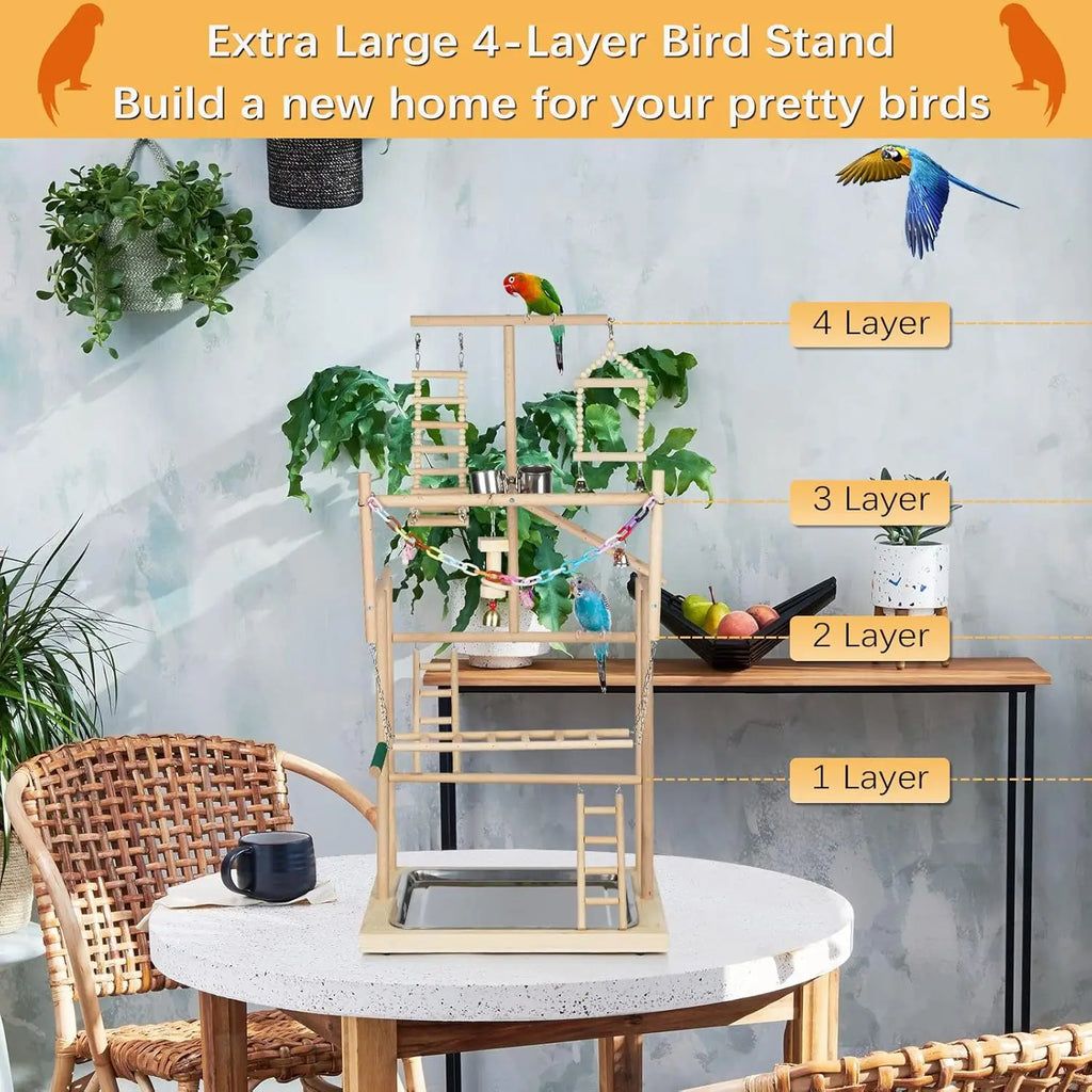 4-Layer Wooden Bird Playstand with Feeder Cups and Bells