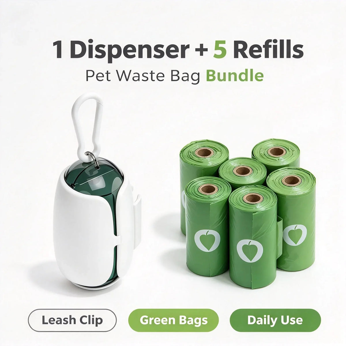 Dog Poop Bags Value Pack, 5 Rolls + 1 Dispenser with Leash Clip, Biodegradable Eco-Friendly Pet Waste Bags