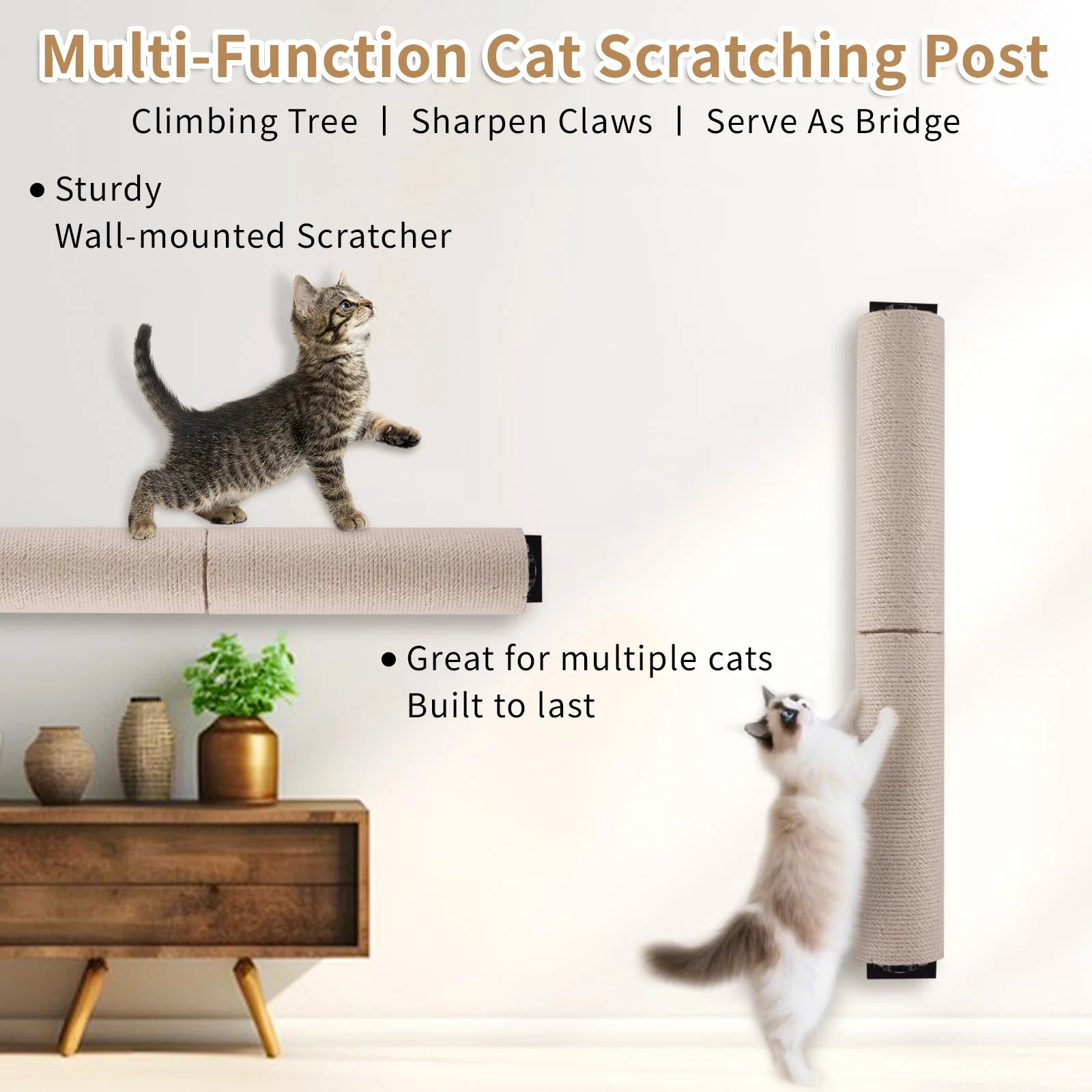 Cat Scratching Post Wall Mounted, 24 inch Tall 3.5-inch Diameter, Hemp Rope for Indoor