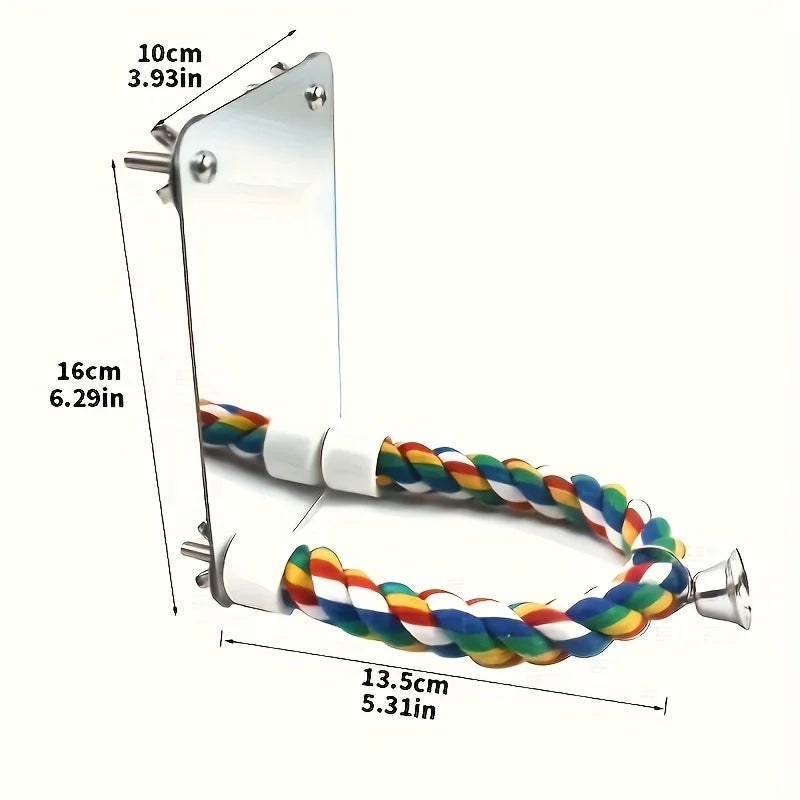 Interactive parrot mirror toy with chewable rope for cages