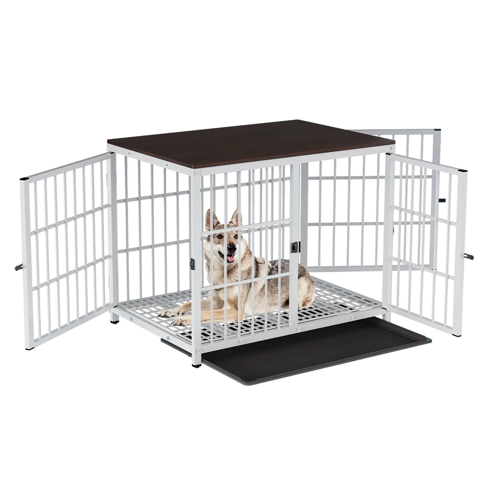 Heavy Duty Dog Kennel Metal Wooden End Table Furniture Style with Three Doors and Removable Tray