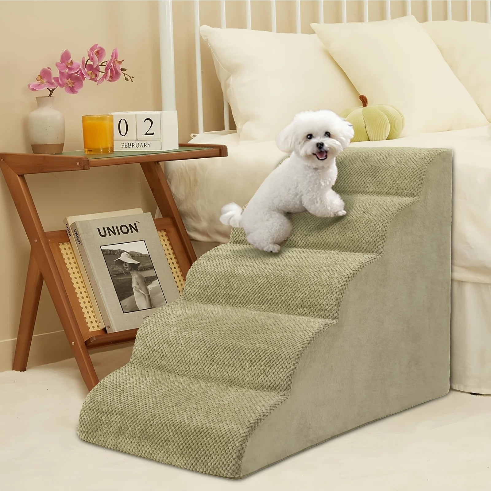 5-Step Dog Stairs & Ramp Suitable for Small Dogs, High-Density Foam Pet Steps with Non-Slip Base, Wide Ramp for Beds/Couches