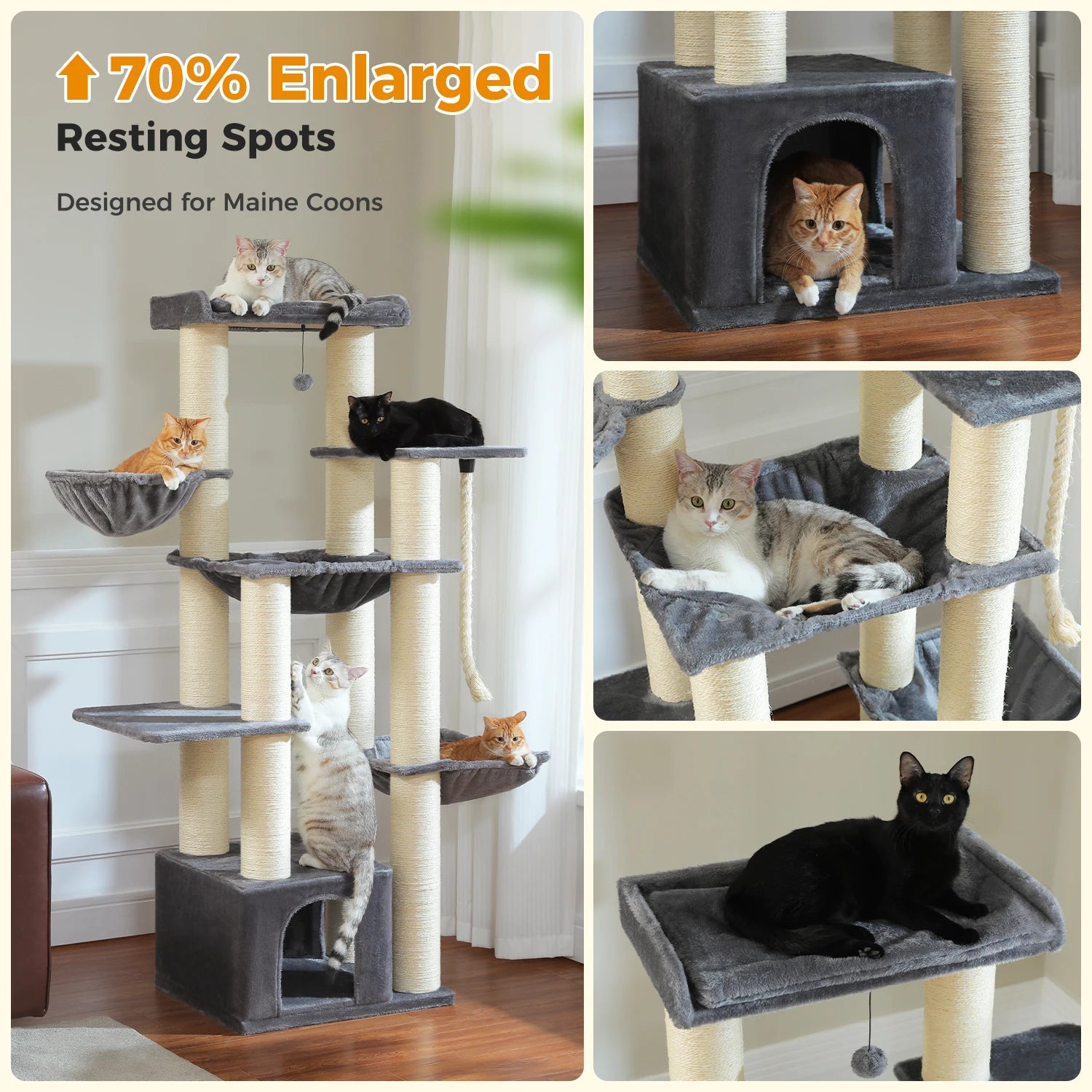 Large Cat Tree for Big Cats with Several Levels Climbing Tree with Hammock 11 Sisal Posts Large Perch